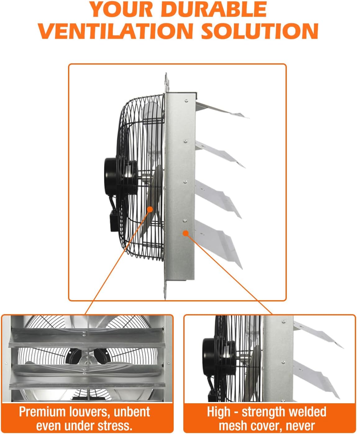 JVO 20 Inch Shutter Exhaust Fan 3500 CFM High Velocity 5.4 Ft Power Cord, Automatic Shutters, Steel