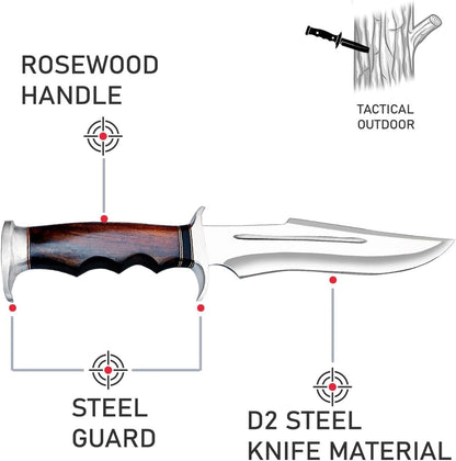 17 Inch D2 Large Bowie Knife with Sheath, Fixed Blade Hunting Knife, used for Bushcraft, Outdoor