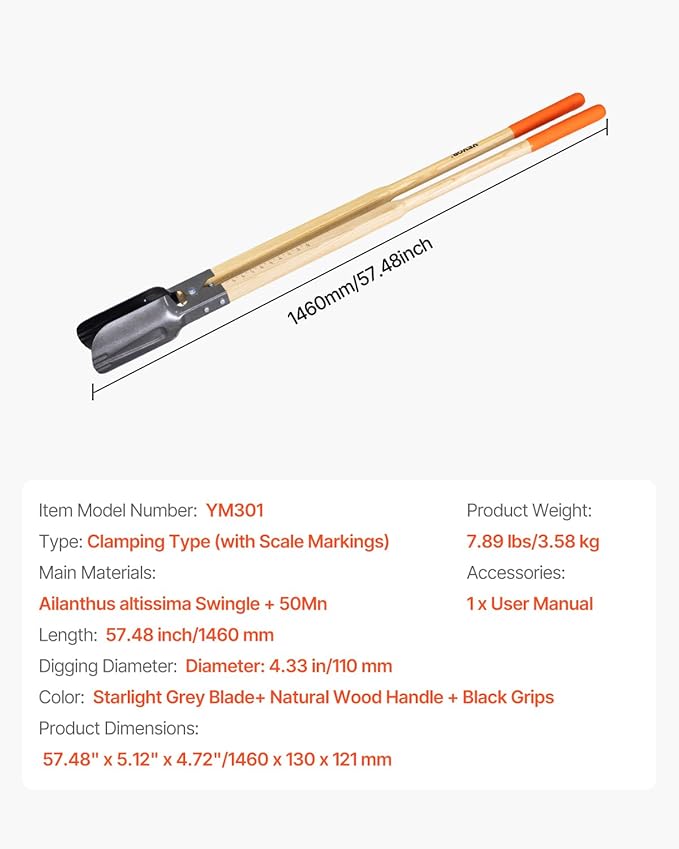VEVOR Post Hole Digger, Heavy Duty Post Hole Digger with Wood Handle, Manual Hole Digger with Scale
