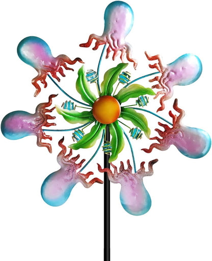 Jellyfish Wind Spinners - 39" Ocean-Themed Metal Wind Sculptures Garden Stake Art, 13.5” Windmill