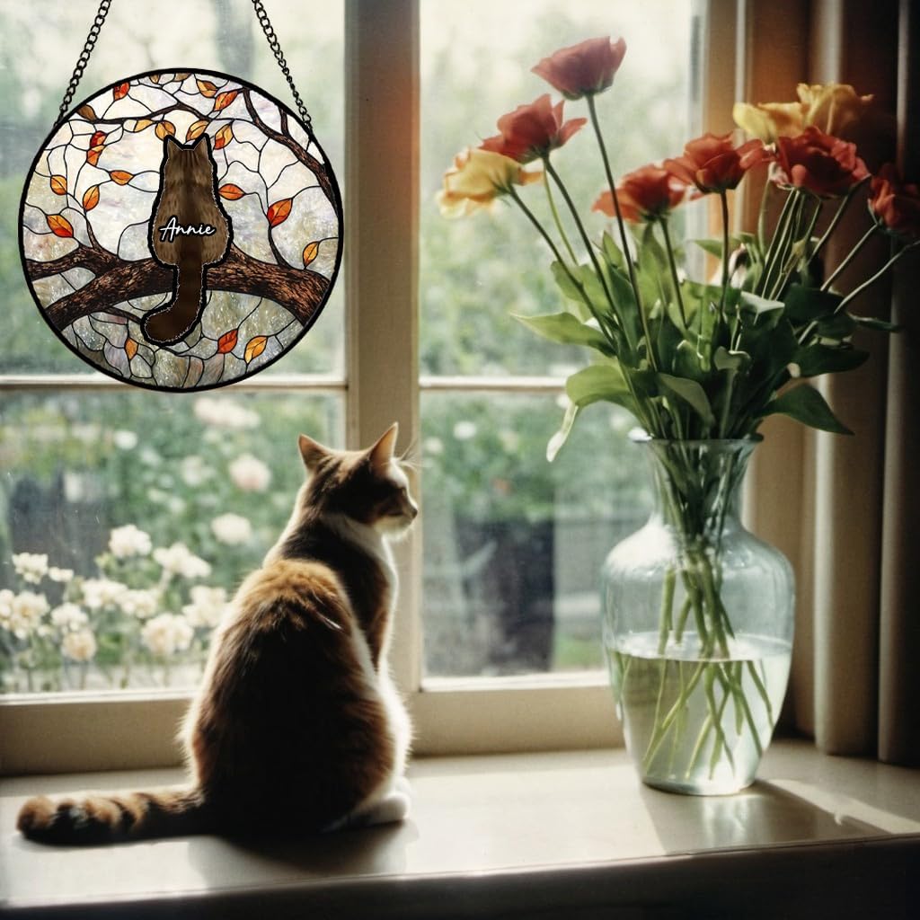 Custom Cat Portrait Stained Glass Window Hanging Light Catcher, Pet Memorial Stained Glass Photo