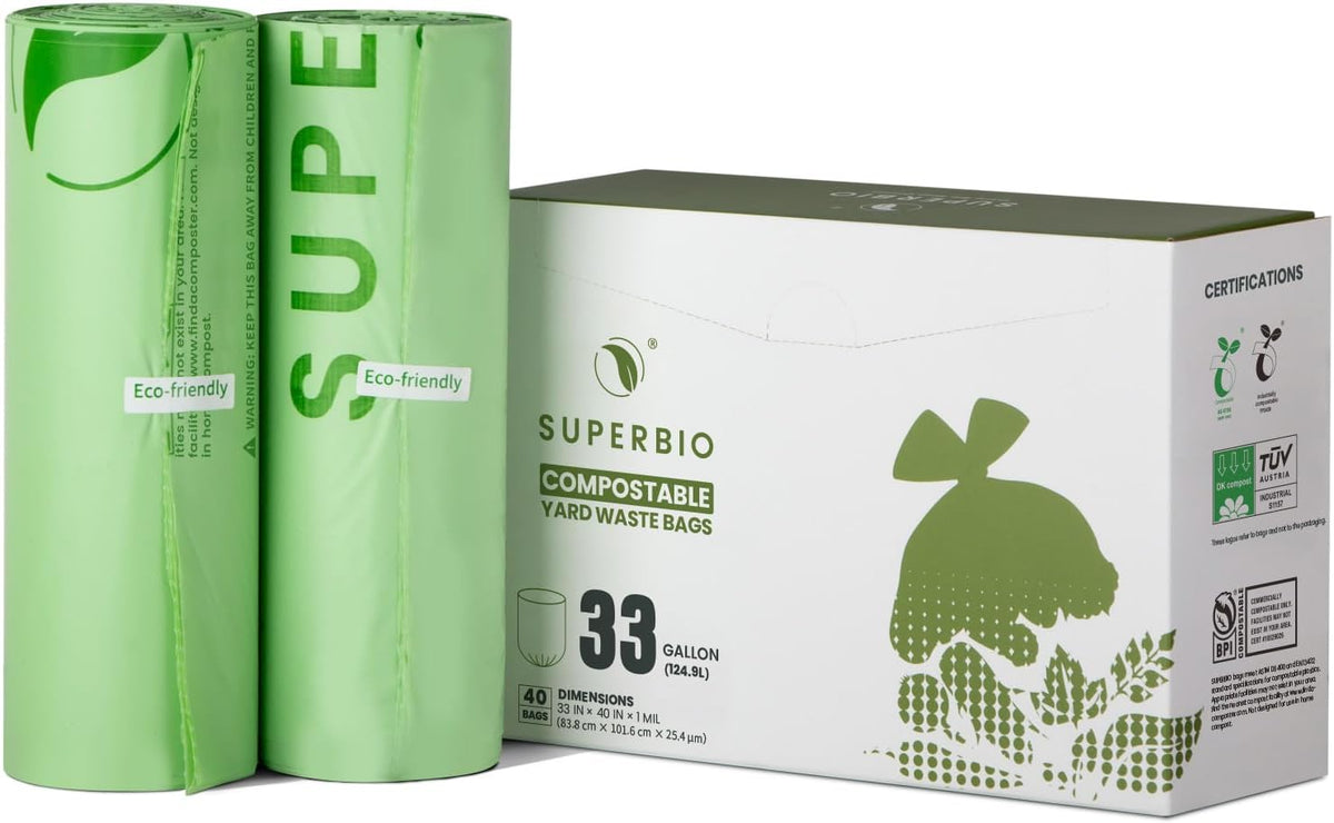 SUPERBIO 33 Gallon Compostable Yard Waste Bags, Lawn & Leaf Bags, 40 Count, ASTM D6400, BPI and OK