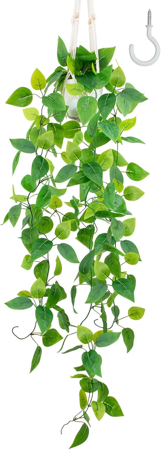 LOYWREE 1 Pack Artificial Hanging Plant Kit with Pot and Hanger - 39" Long Fake Pothos Vines