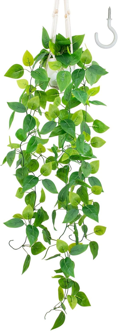 LOYWREE 1 Pack Artificial Hanging Plant Kit with Pot and Hanger - 39" Long Fake Pothos Vines
