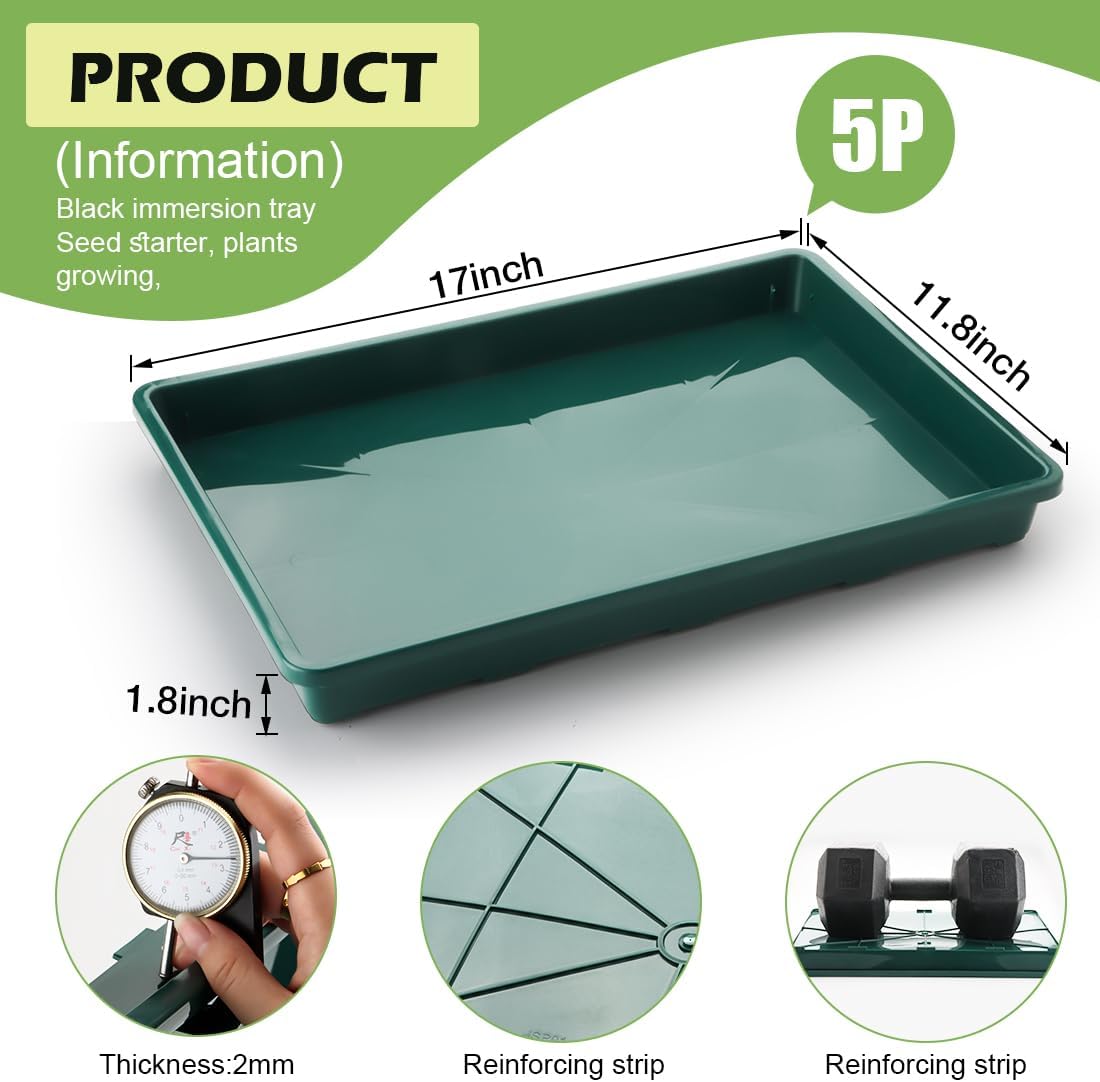 5 Pack Seed Starter Trays (17"x11"x2"), Plastic Flat Nursery Pots Trays, Durable Carrying Seedling