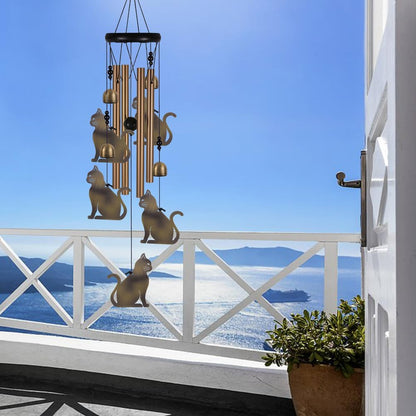 Garden Cat Wind Chimes Outdoor Indoor Decor - with 4 Tubes 4 Bells 5 Cats Wind Chime, Mobile