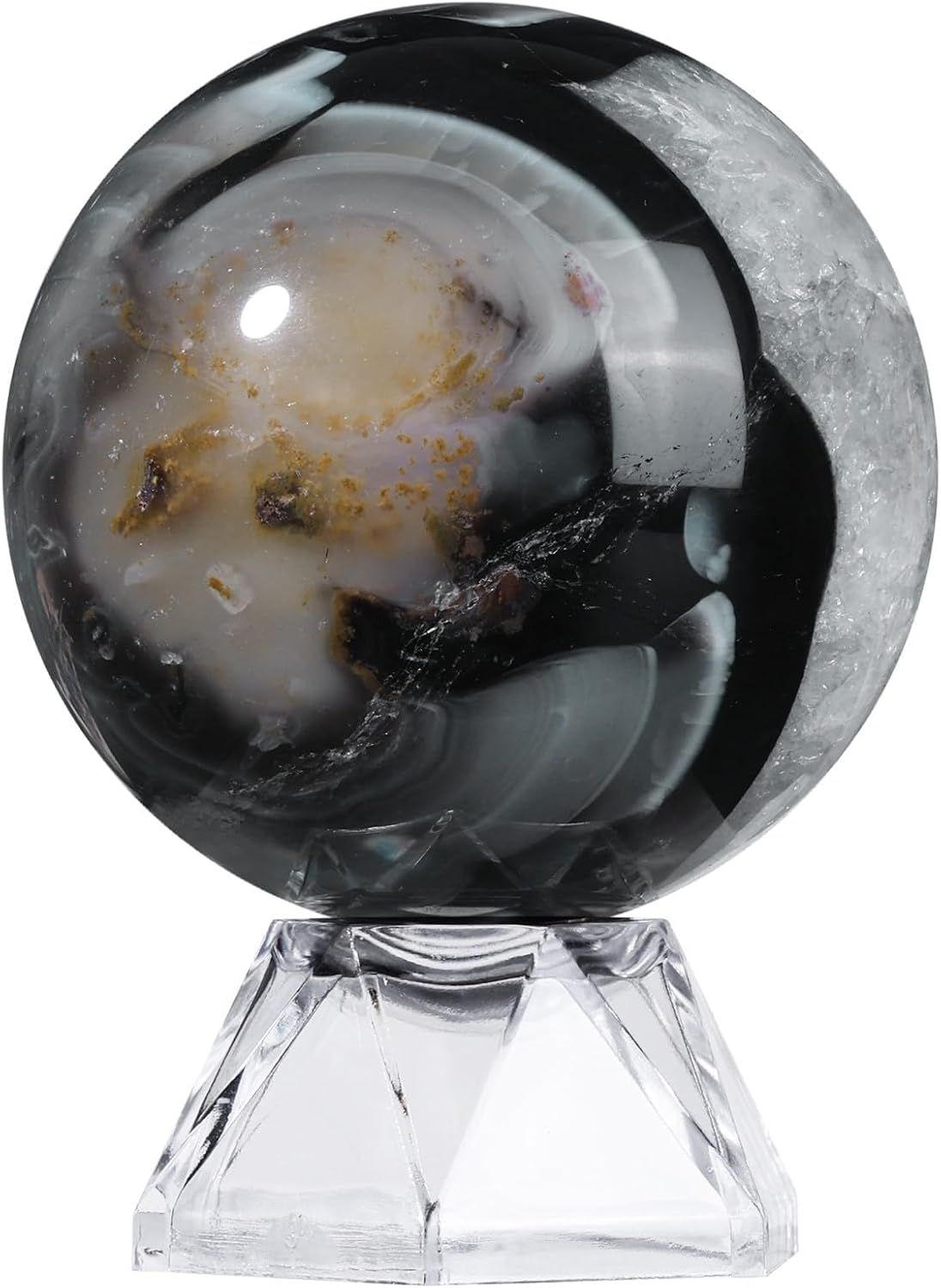 Natural Black Striped Agate Crystal Ball with Acrylic Display Base, 50-60mm Polished Stone Feng