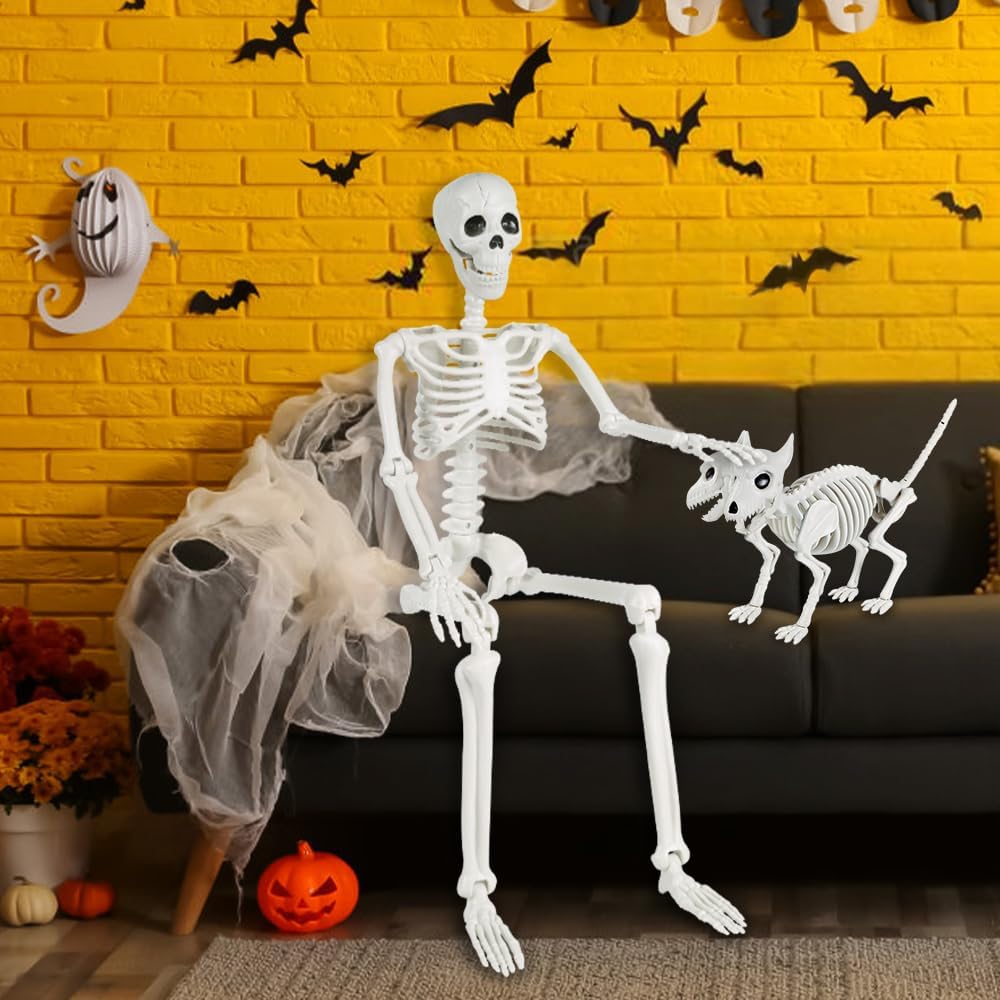 YUJUN 36'' Halloween Skeleton Decoration with 2Head Dog Skeleton, Full Body Posable Skeleton