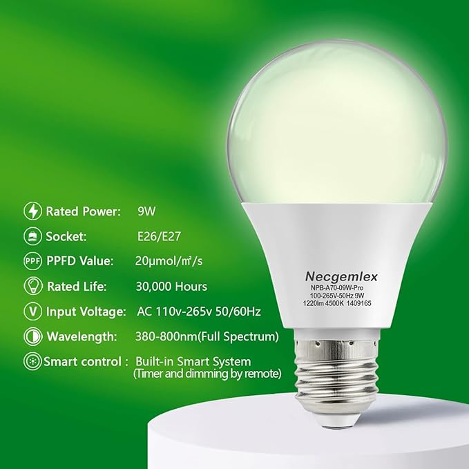 Smart LED Grow Light Bulbs with Remote Controller, Sun Mode, Built-in Daily Auto Timer, 4500K