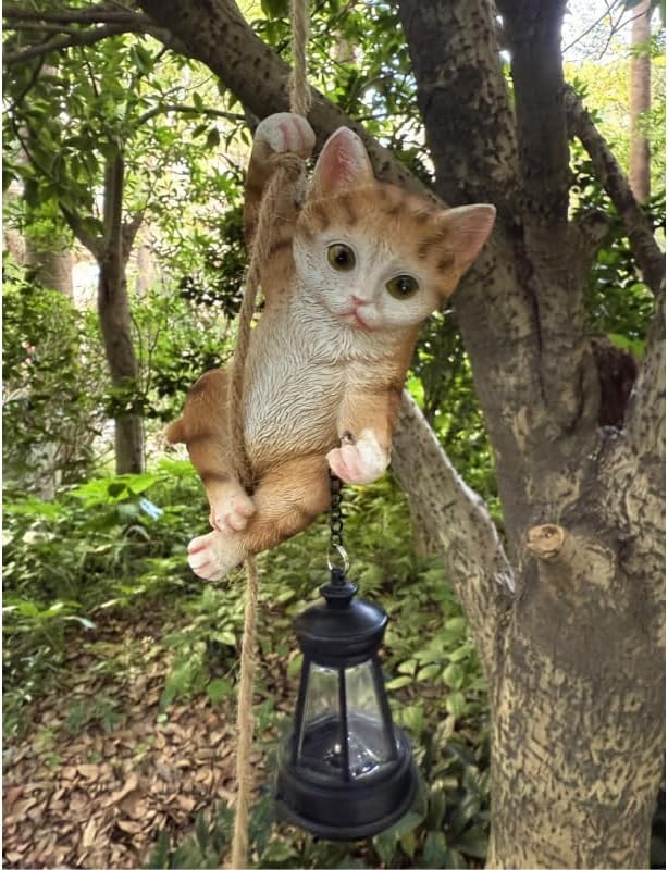 Cat Garden Decor Outdoor Statues Resin Climbing Twine with LED Light Waterproof Hanging Animal