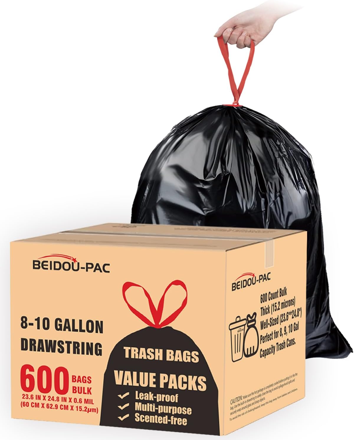 8-10 Gallon Trash Bags Drawstring, 600 Count Bulk, Black & Unscented Multi-purpose Garbage Bags for