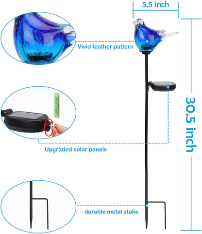 Afirst Solar Bluebird Garden Stake Lights - Hand Blown Glass Decorative Garden Pathway Lights