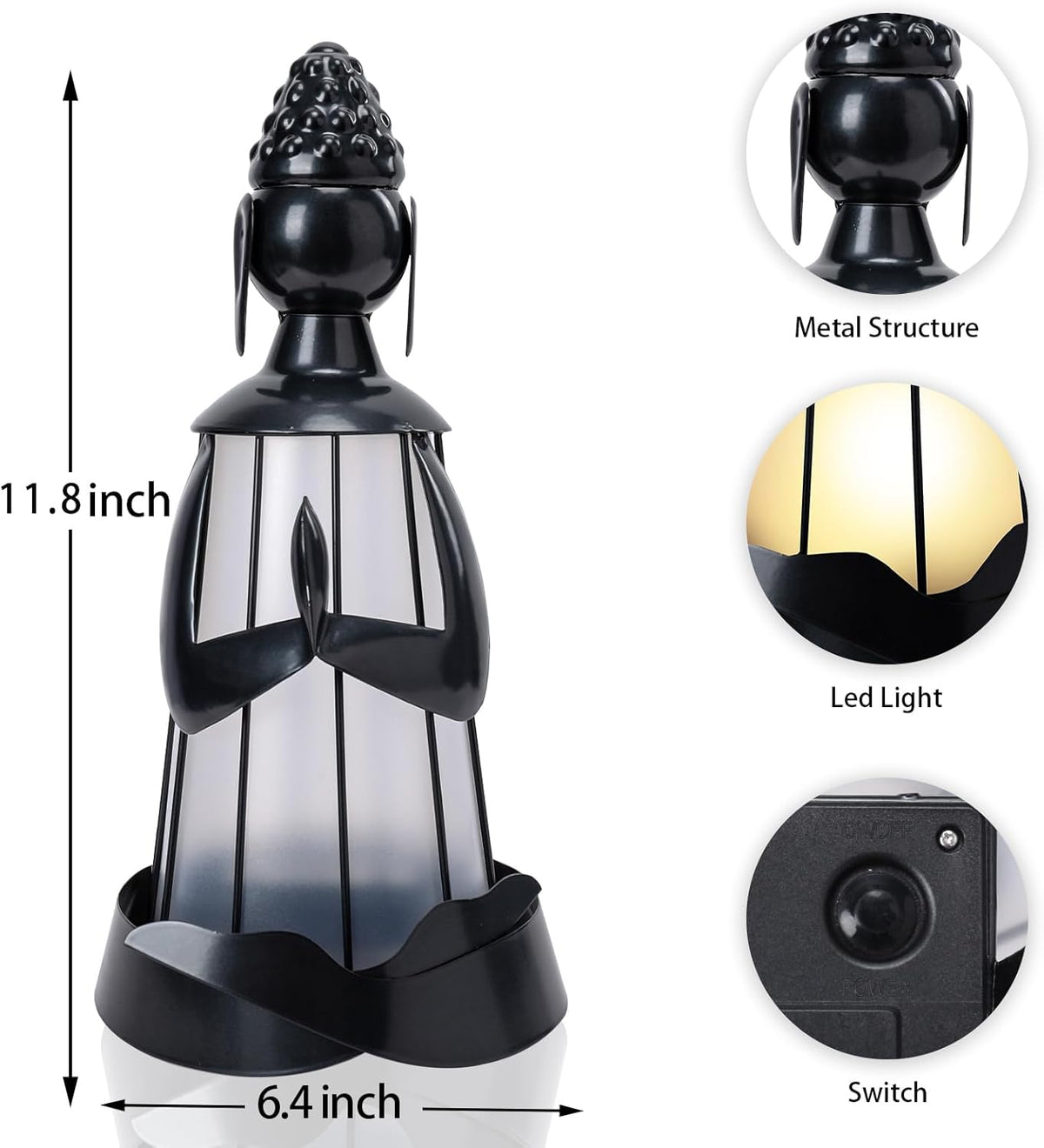 Solar Buddha Figurine Lights, Metal Buddha Statue Solar Lantern Outdoor Garden Statue with Led