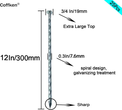 12 Inch Ground Stakes, Spiral Metal Landscapes Edging Spikes, 0.75 Inch Extra Large Top, for Paver