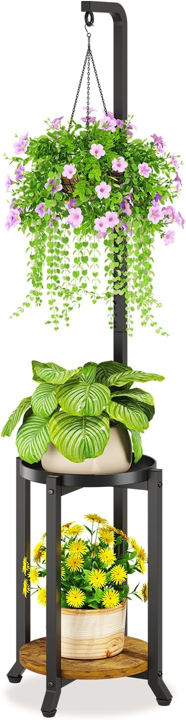 LASZOLA Black 2 Tier 61.5 Inch Tall Plant Stand Indoor with Hanging Ring, Large Heavy Duty Metal