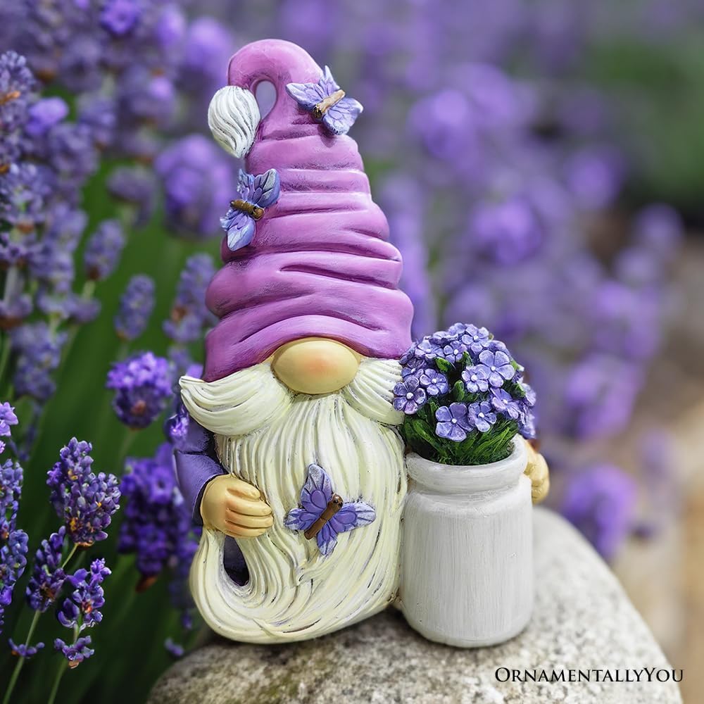OrnamentallyYou Garden Grace Lavender Gnome Figurine, 10" Purple Home Decor Statue with Butterflies