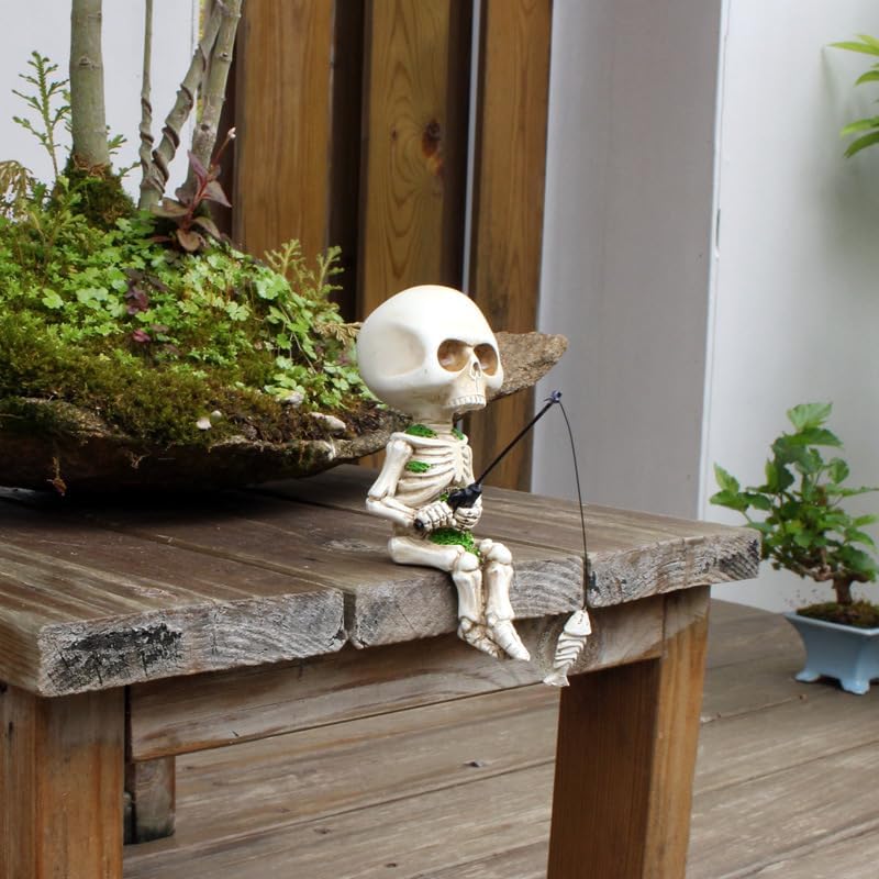 Fishing Skeleton Statue Halloween Decorations, 4.5 Inch Cute Sitting Skull Figurine Shelf Sitter