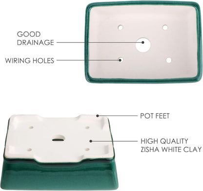 Set of 2 Zisha White Clay Bonsai Pot Glazed Shallow Succulent Planter Green