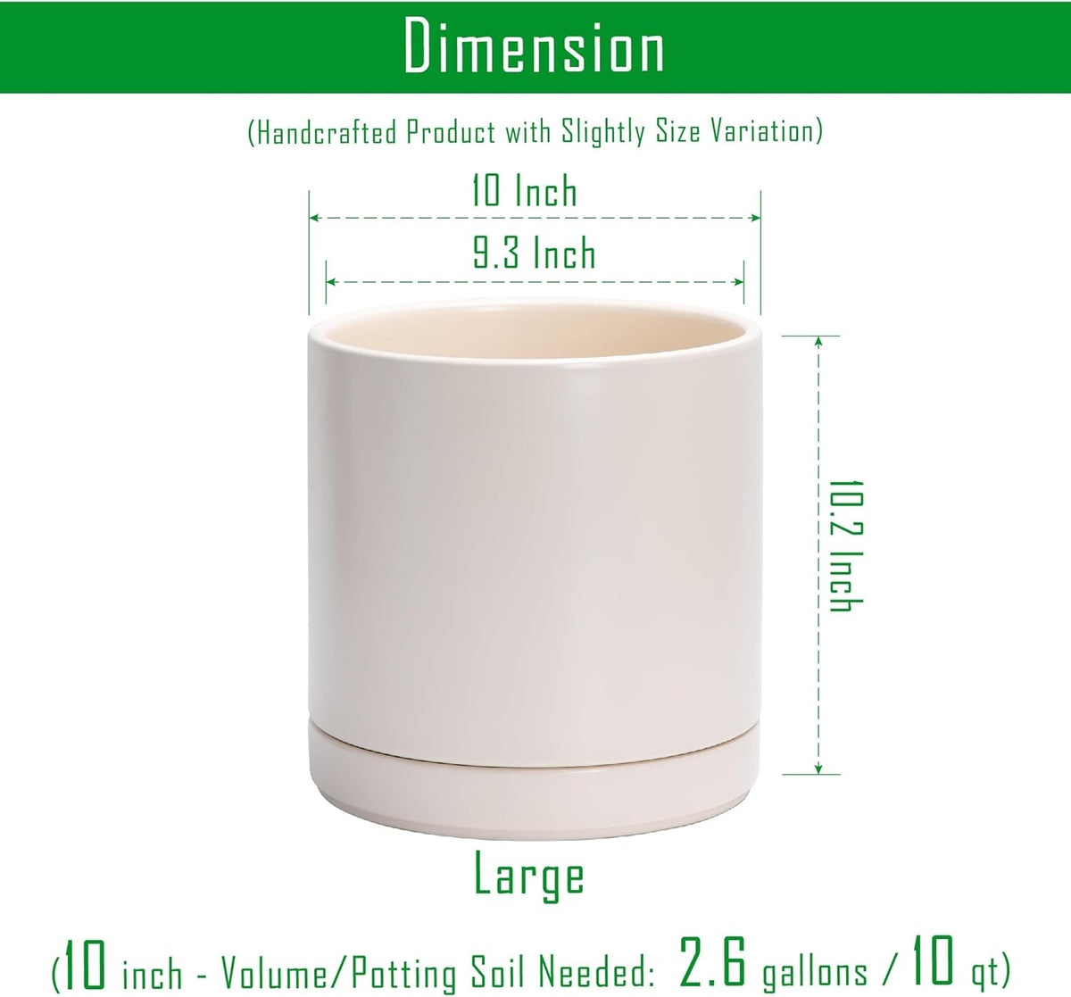 D'vine Dev 10 Inch Ceramic Planter Pot with Drainage Hole and Saucer, Indoor Cylinder Round Planter