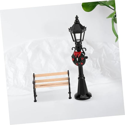 2pcs Christmas Street Lamp Post and Miniature Park Bench Seat Mini Street Light Model Dollhouse