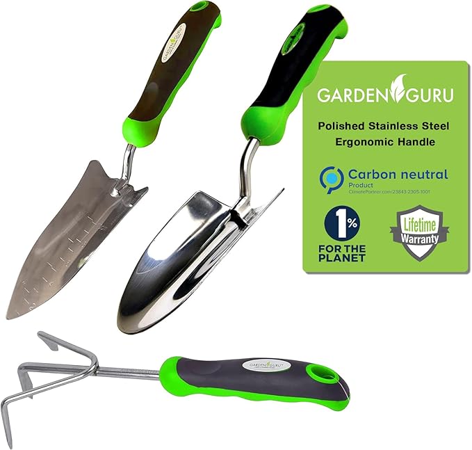 Garden Guru Garden Tool Set 3pc Hand Trowel Transplanter Cultivator – Heavy Duty Rust Resistant