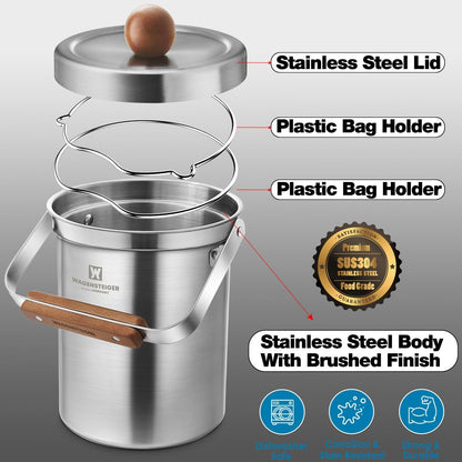 Kitchen Countertop Compost Bin 101ounces / 3Liters with Airtight Lid, SUS304 Stainless Steel