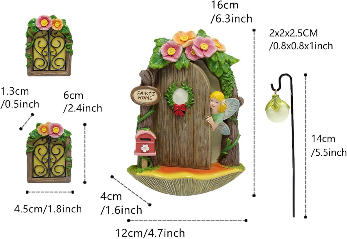 Fairy Door and Windows Garden Kit Accessories Outdoor, Glow in Dark Gnome House for Tree, Lawn Yard