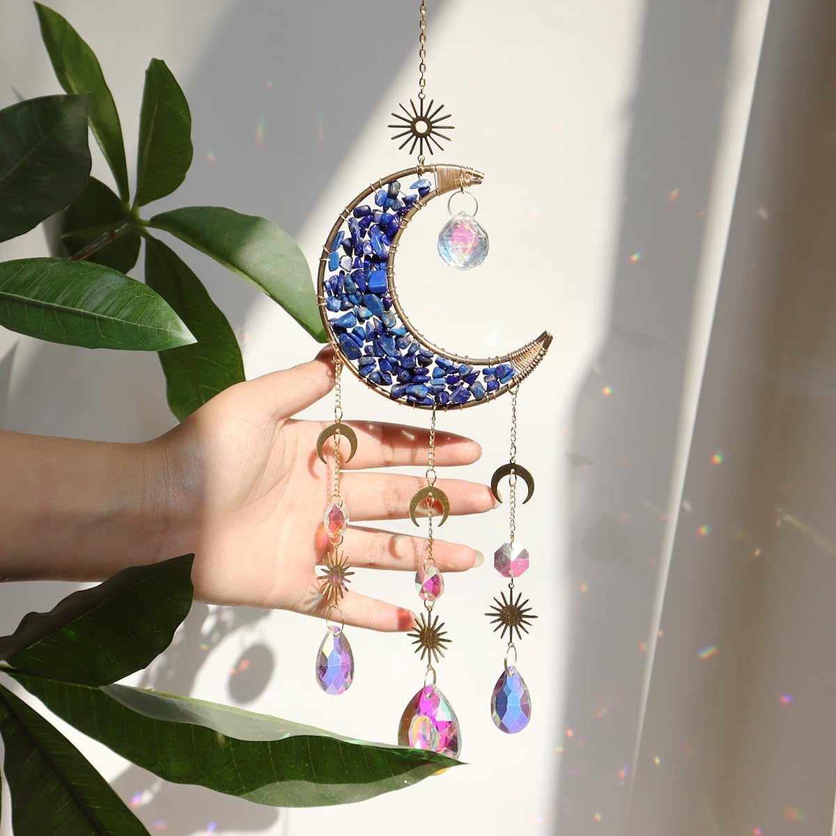 Moon Suncatcher Hanging Decor, Boho Chic Lapis Lazuli Crystal Sun Catcher, Spritual Sun Light