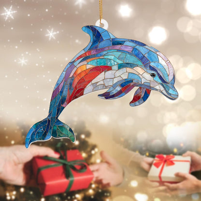 Dolphin Stained Glass Ornament, Ocean Marine Life Window Hanging Suncatcher Acrylic Decor, Nautical