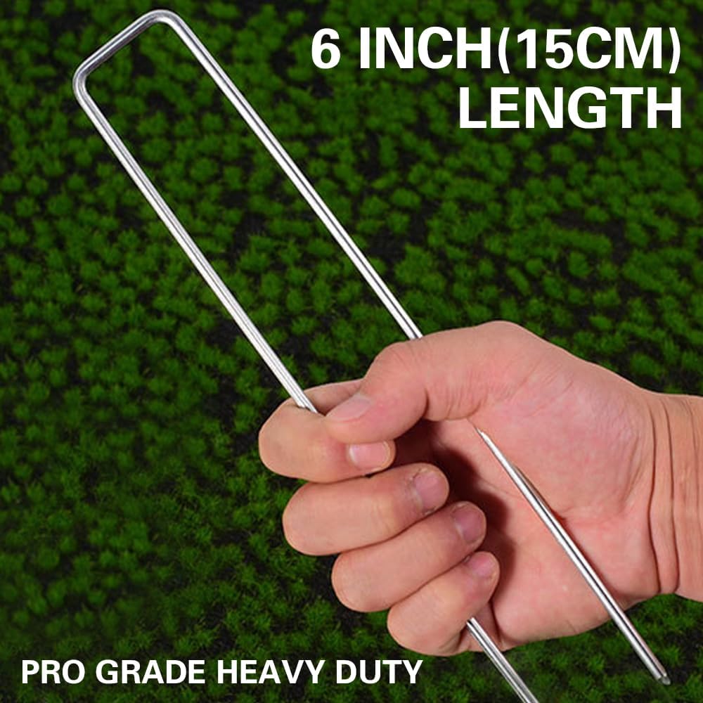 Bakulyor 150Pcs Landscape Staples + 150Pcs Gasket, 6 Inch Garden Stakes Staples 11 Gauge U Shaped