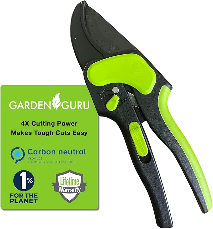 Garden Guru 2 in 1 Ratchet Pruning Shears Clippers – 4X Cutting Power – Ratcheting Garden Anvil
