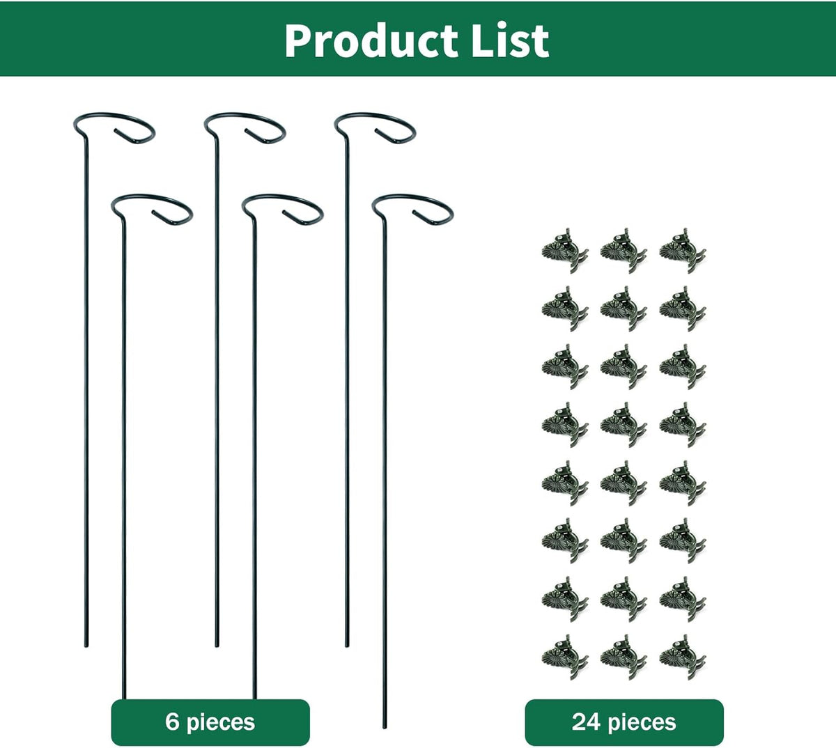 6 Pack Plant Support Stakes with 24 Pcs Plant Clips,Single Stem Support Stake Plant Cage Support