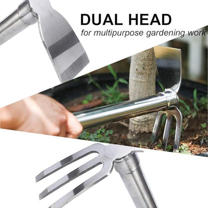 Stainless Steel Garden Hoe Rake Hand Tool, 15" Metal Hand Hoe & 3 Prong Cultivator Dual Headed