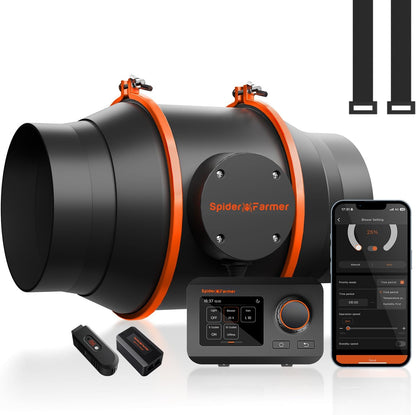 Spider Farmer 6 Inch Smart Inline Duct Fan with GGS Temperature Humidity Controller, WiFi