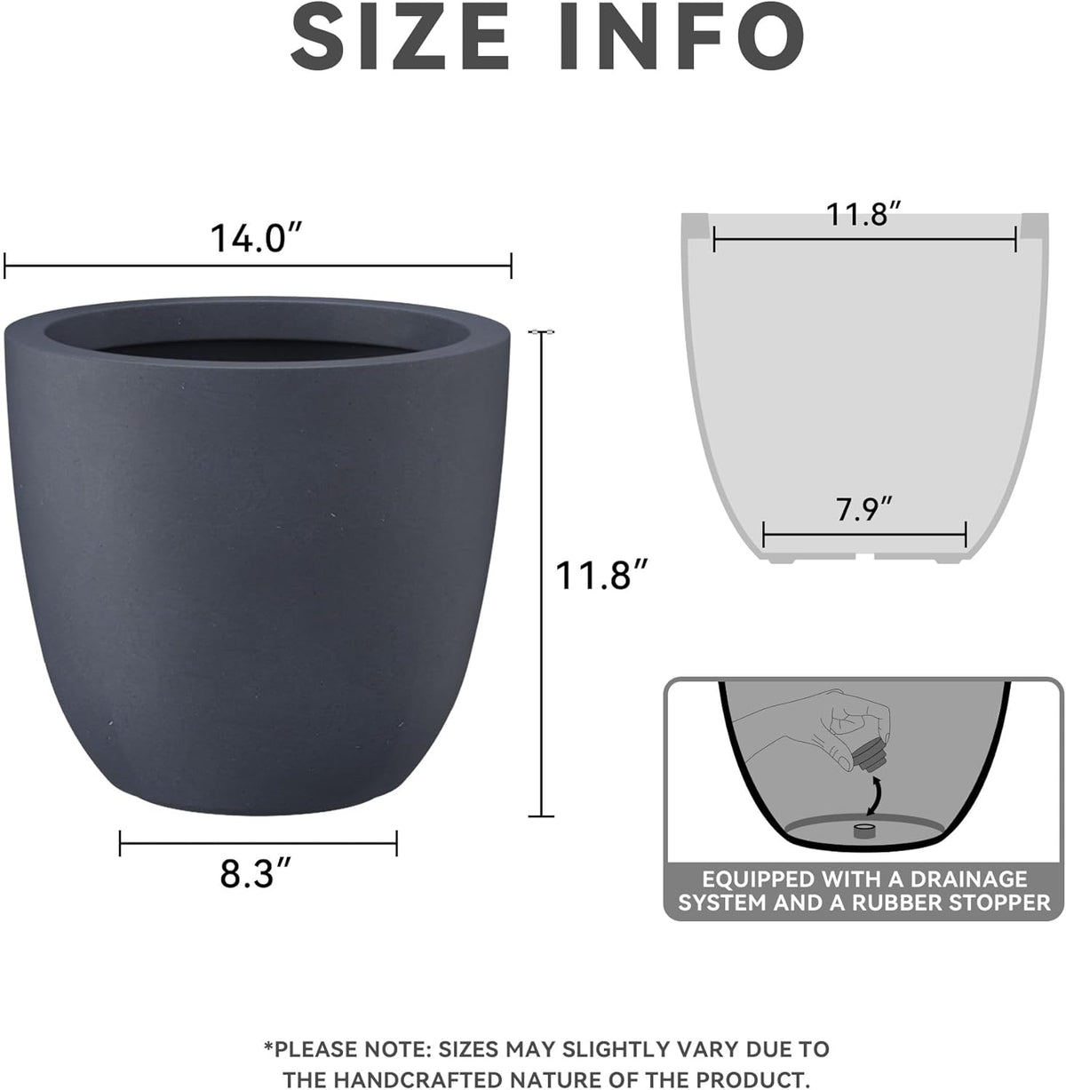 Kante 14 Inch Dia Round Concrete Planter, Indoor Outdoor Large Plant Pot with Drainage Hole and