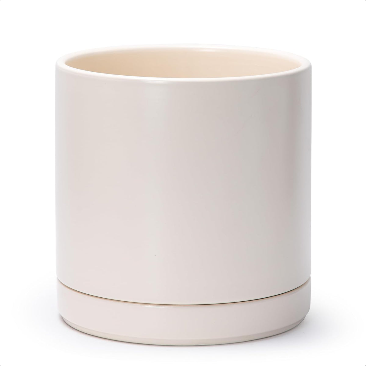 D'vine Dev 10 Inch Ceramic Planter Pot with Drainage Hole and Saucer, Indoor Cylinder Round Planter