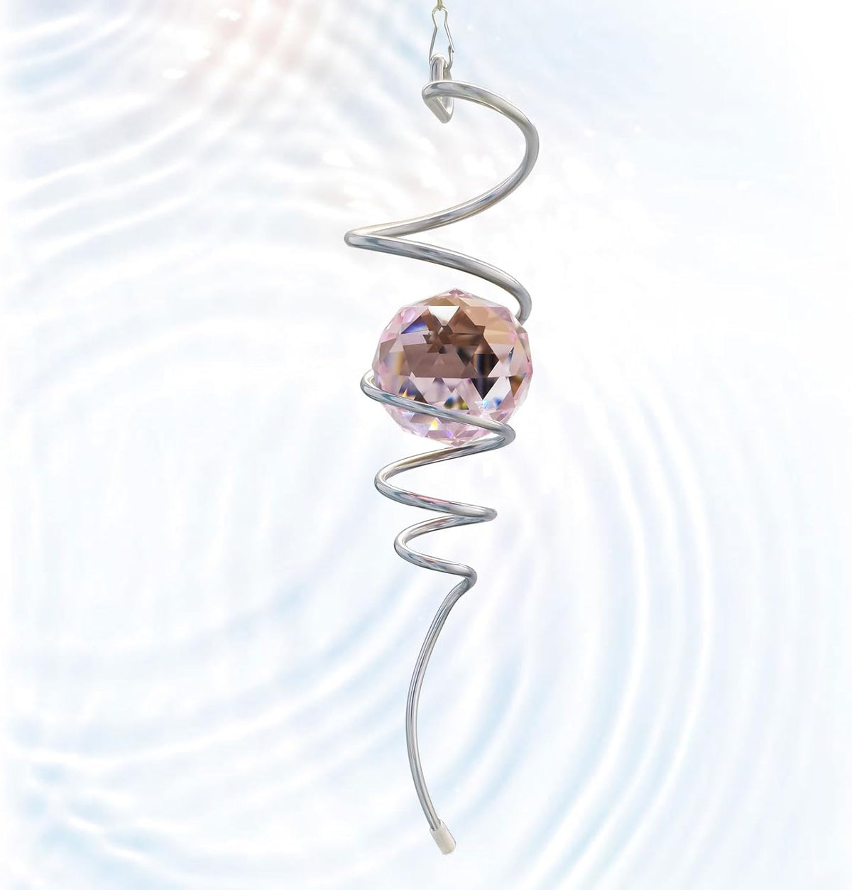 Gazing Ball Spiral Tail with Pink Crystal Orb | Sparkling Wind Spinner Stabilizer, Sun Catcher