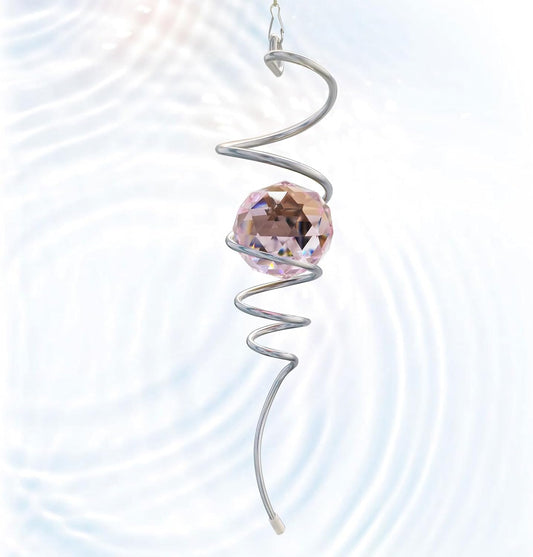 Gazing Ball Spiral Tail with Pink Crystal Orb | Sparkling Wind Spinner Stabilizer, Sun Catcher