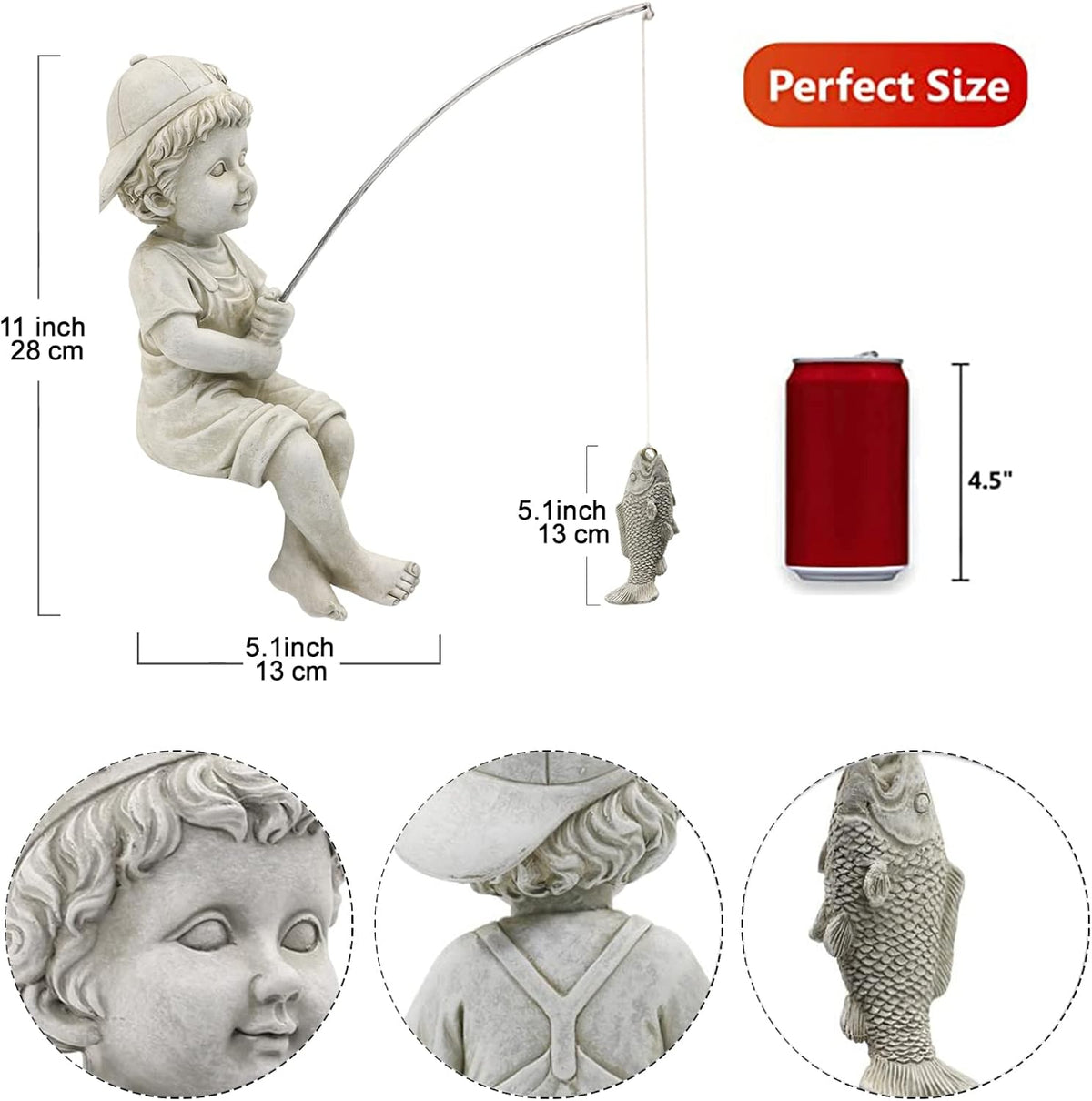 Goodeco Fisherboy Statue Garden Decor - 11" Little Fishing Guy for Koi Pond or Waterfalls, Poolside