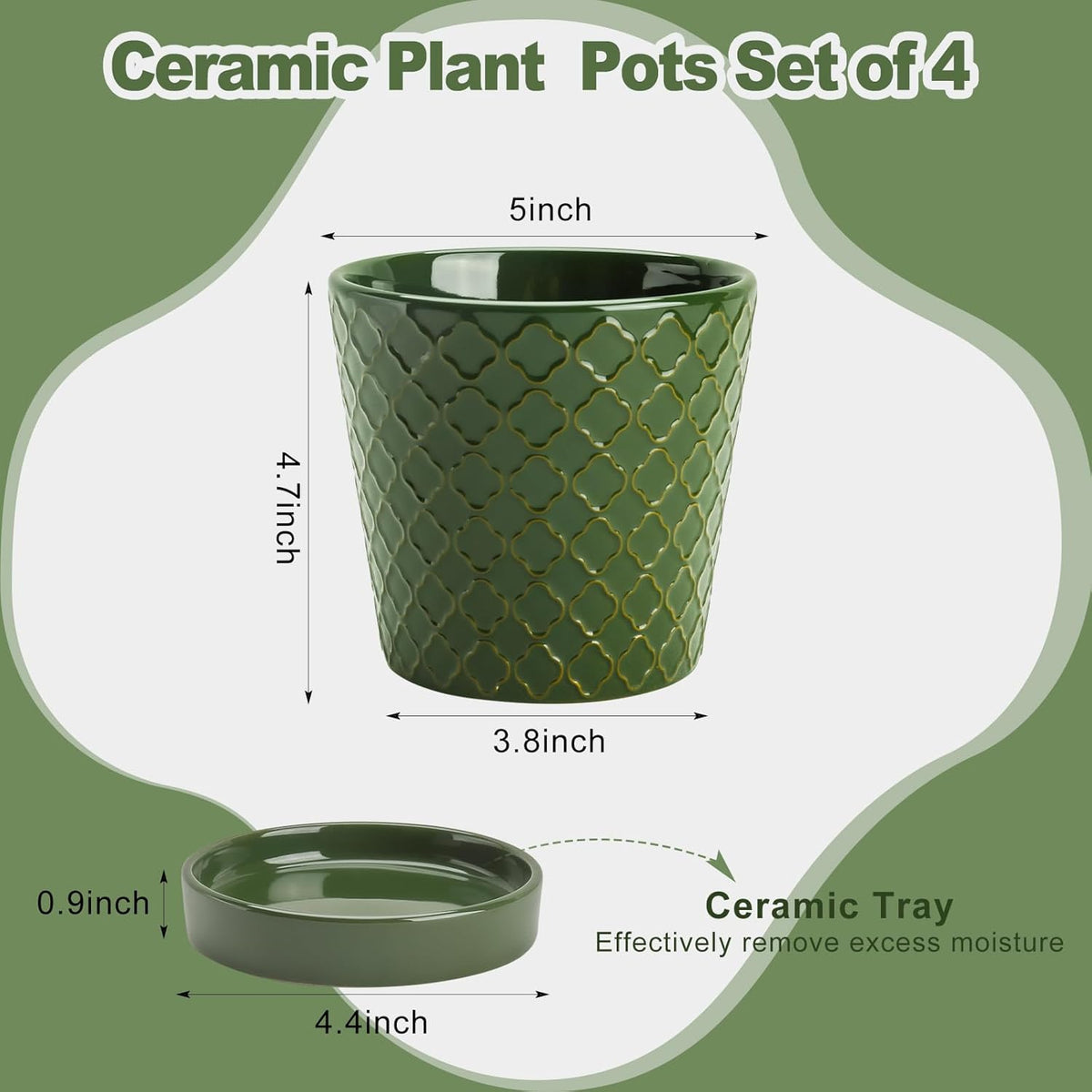 EFISPSS Ceramic Plant Pots, 5 Inch Planters with Drainage Holes and Ceramic Tray, Relief Design