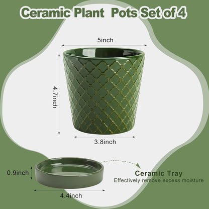 EFISPSS Ceramic Plant Pots, 5 Inch Planters with Drainage Holes and Ceramic Tray, Relief Design