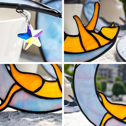 Orange Cat on Moon Stained Glass Suncatchers Star Crystal Decor,Rainbow Stained Glass Window