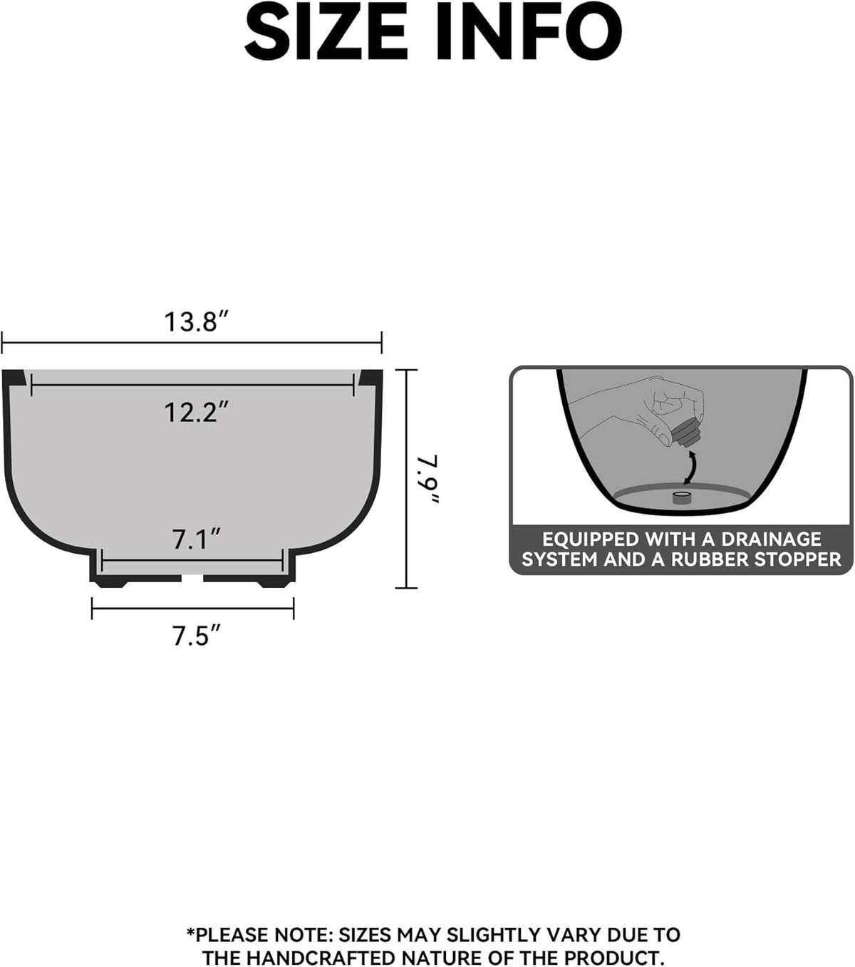 Kante 13.8 Inch Dia Concrete Bowl Planter, Large Tapered Bottom Plant Pot with Drainage, Smooth