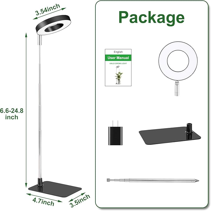 Small Halo Grow Light with Base, 48 LED Full Spectrum Indoor Plant Grow Light, Height Adjustable, 3