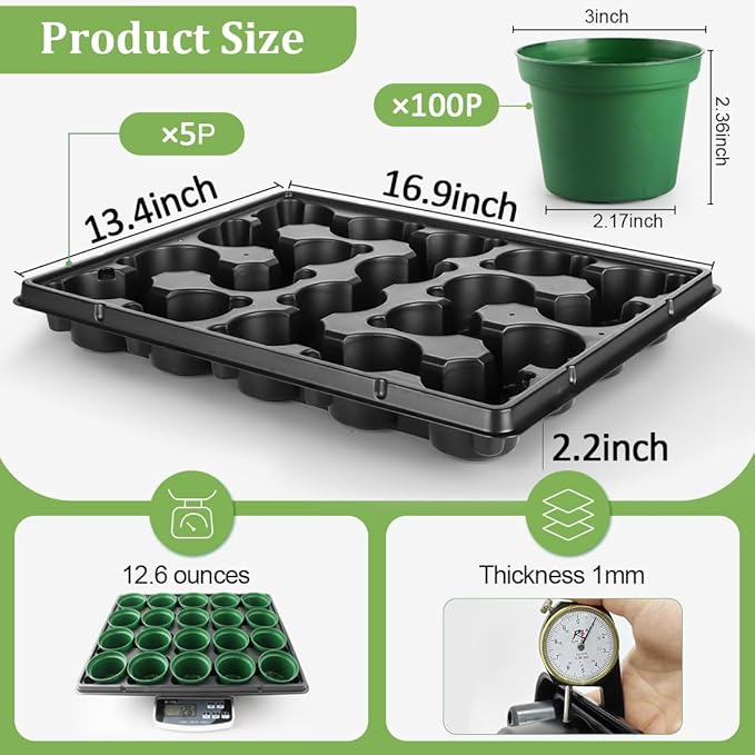 3 Inch Nursery Pots 100 Pcs with 5 Pcs 20 Cell Nursery Pot Trays, 5 Sets Seed Starting Kit for