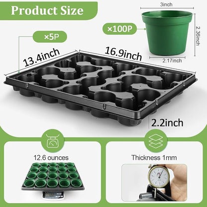 3 Inch Nursery Pots 100 Pcs with 5 Pcs 20 Cell Nursery Pot Trays, 5 Sets Seed Starting Kit for