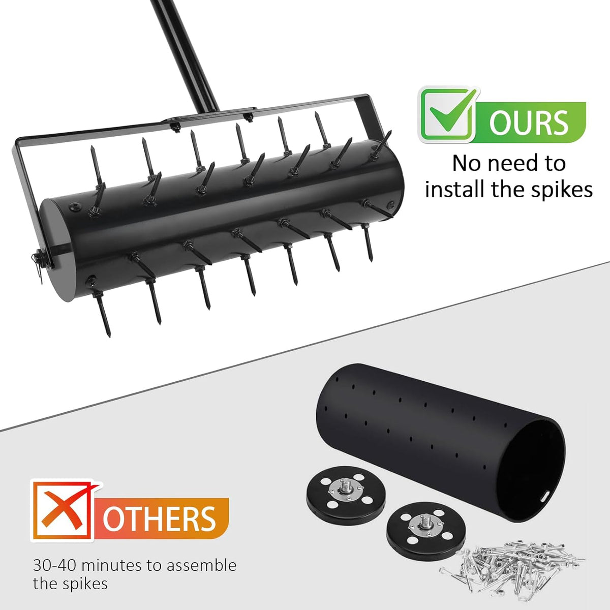 Rolling Lawn Aerator, 42 Spikes Pre-Assembled, Heavy Duty Grass Aerator Tool with Adjustable