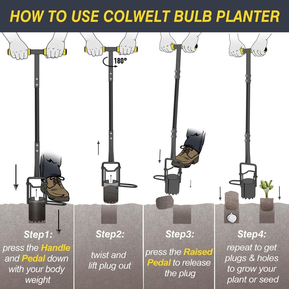 Colwelt Bulb Planter Tool Long Handle, Serrated Base Gardening Bulb Transplanter with Soft Grip