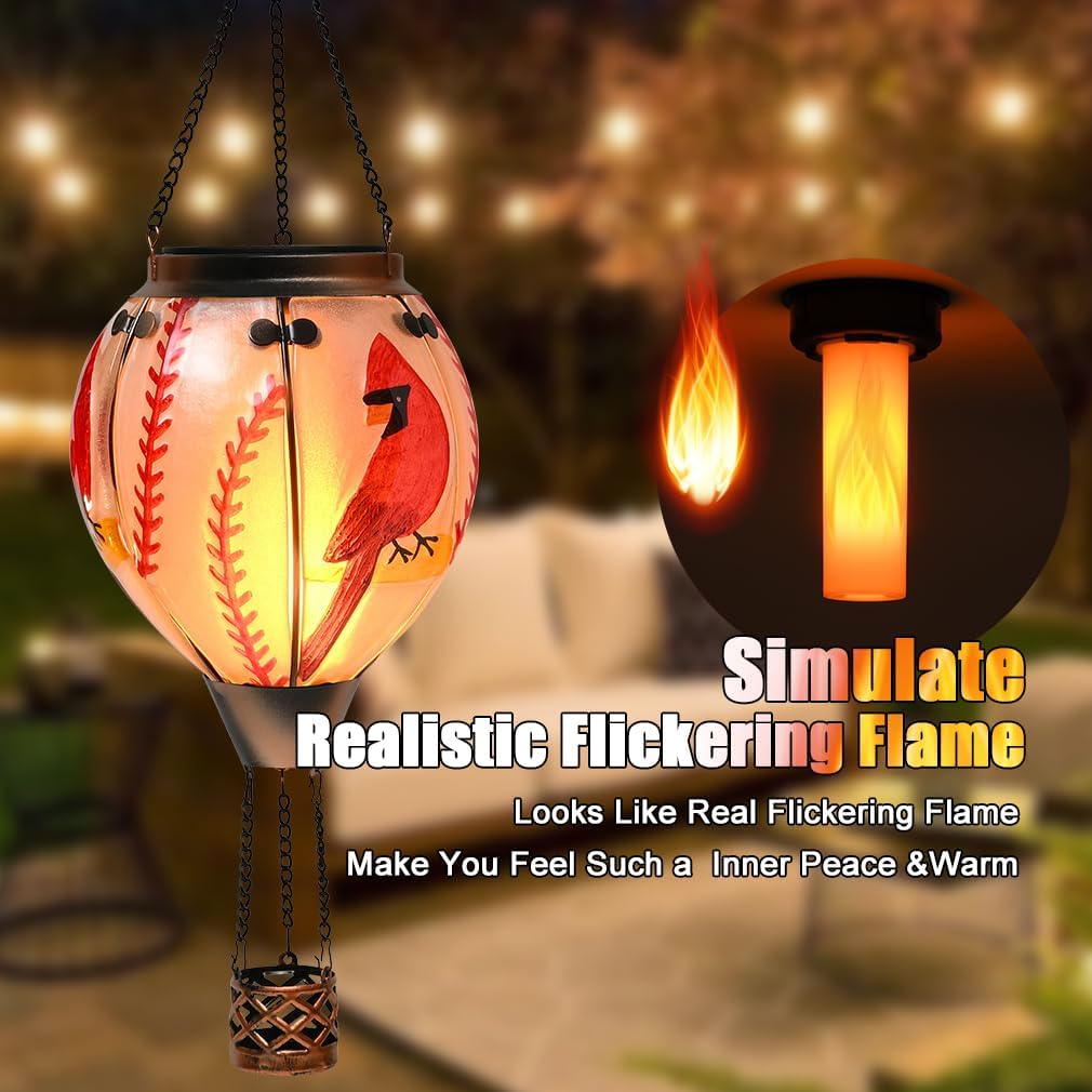 Hot Air Balloon Solar Lantern - Cardinal Bird Glass Lantern, Simulated Flickering & Dancing Flame