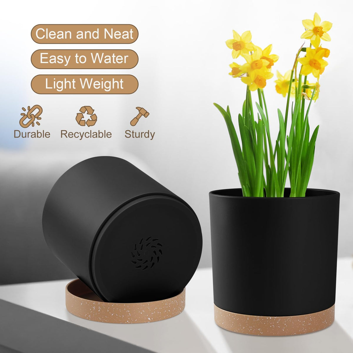 Plant Pots with Drainage Holes and Saucers – 7, 6.5, 6, 5, 4 Inch Plastic Planters for Indoor